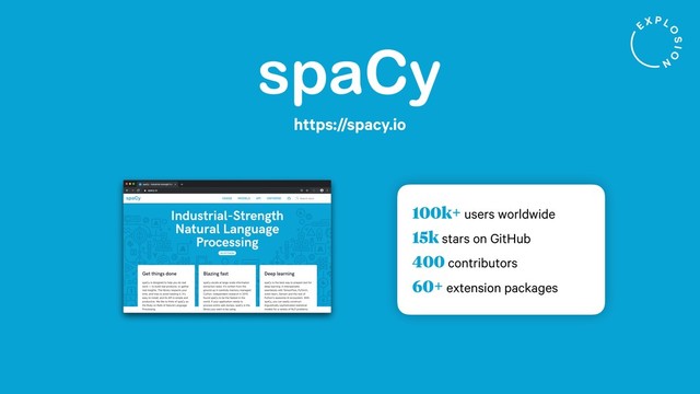 100k+ users worldwide
15k stars on GitHub
400 contributors
60+ extension packages
https://spacy.io
