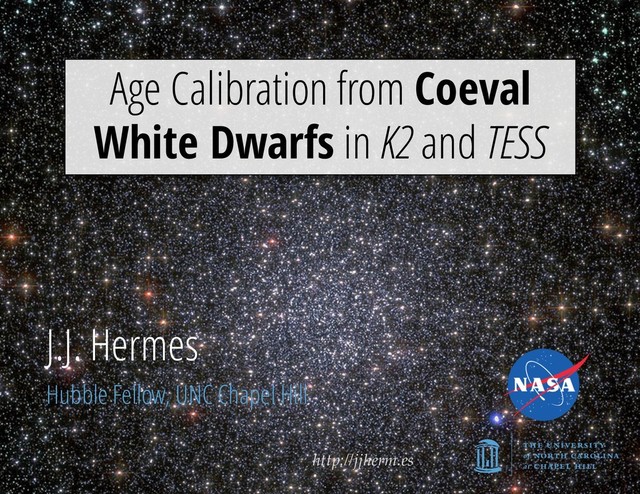 http://jjherm.es
J.J. Hermes
Hubble Fellow, UNC Chapel Hill
Age Calibration from Coeval
White Dwarfs in K2 and TESS

