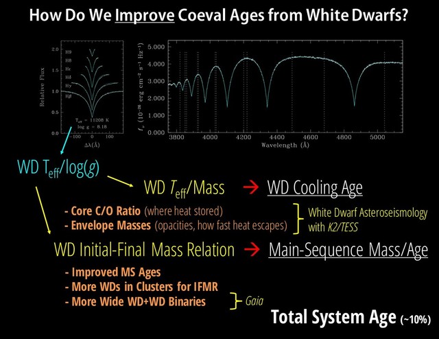 WD Teff
/Mass à WD Cooling Age
WD Initial-Final Mass Relation à Main-Sequence Mass/Age
Total System Age (~10%)
How Do We Improve Coeval Ages from White Dwarfs?
- Core C/O Ratio (where heat stored)
- Envelope Masses (opacities, how fast heat escapes)
- Improved MS Ages
- More WDs in Clusters for IFMR
- More Wide WD+WD Binaries
WD Teff
/log(g)
White Dwarf Asteroseismology
with K2/TESS
Gaia
