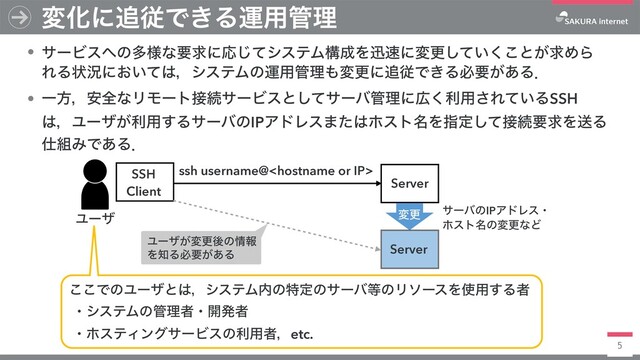 5
ssh username@
SSH
Client
• αʔϏε΁ͷଟ༷ͳཁٻʹԠͯ͡γεςϜߏ੒Λਝ଎ʹมߋ͍ͯ͘͜͠ͱ͕ٻΊΒ
ΕΔঢ়گʹ͓͍ͯ͸ɼγεςϜͷӡ༻؅ཧ΋มߋʹ௥ैͰ͖Δඞཁ͕͋Δɽ
• Ұํɼ҆શͳϦϞʔτ઀ଓαʔϏεͱͯ͠αʔό؅ཧʹ޿͘ར༻͞Ε͍ͯΔSSH
͸ɼϢʔβ͕ར༻͢ΔαʔόͷIPΞυϨε·ͨ͸ϗετ໊Λࢦఆͯ͠઀ଓཁٻΛૹΔ
࢓૊ΈͰ͋Δɽ
มԽʹ௥ैͰ͖Δӡ༻؅ཧ
͜͜ͰͷϢʔβͱ͸ɼγεςϜ಺ͷಛఆͷαʔό౳ͷϦιʔεΛ࢖༻͢Δऀ
ɾγεςϜͷ؅ཧऀɾ։ൃऀ
ɾϗεςΟϯάαʔϏεͷར༻ऀɼetc.
Ϣʔβ มߋ
Server
Server
αʔόͷIPΞυϨεɾ
ϗετ໊ͷมߋͳͲ
Ϣʔβ͕มߋޙͷ৘ใ
Λ஌Δඞཁ͕͋Δ
