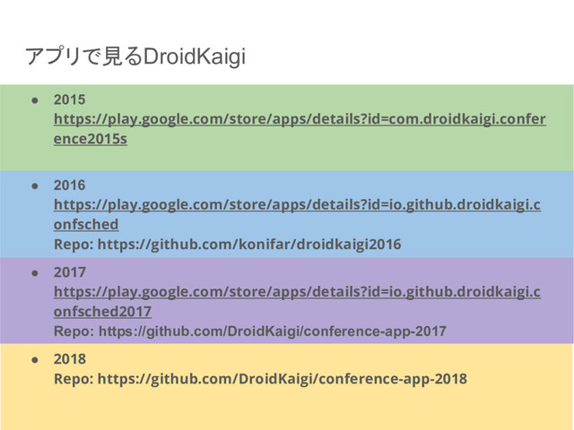 アプリで見るDroidKaigi
● 2015
https://play.google.com/store/apps/details?id=com.droidkaigi.confer
ence2015s
● 2018
Repo: https://github.com/DroidKaigi/conference-app-2018
● 2017
https://play.google.com/store/apps/details?id=io.github.droidkaigi.c
onfsched2017
Repo: https://github.com/DroidKaigi/conference-app-2017
● 2016
https://play.google.com/store/apps/details?id=io.github.droidkaigi.c
onfsched
Repo: https://github.com/konifar/droidkaigi2016
