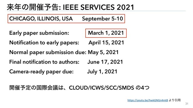 31
Early paper submission: March 1, 2021
Notiﬁcation to early papers: April 15, 2021
Normal paper submission due: May 5, 2021
Final notiﬁcation to authors: June 17, 2021
Camera-ready paper due: July 1, 2021
དྷ೥ͷ։࠵༧ࠂ: IEEE SERVICES 2021
CHICAGO, ILLINOIS, USA September 5-10
։࠵༧ఆͷࠃࡍձٞ͸ɺCLOUD/ICWS/SCC/SMDS ͷ4ͭ
https://youtu.be/hwkGNGn4mt8 ΑΓҾ༻
