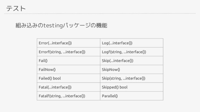 テスト
組み込みのtestingパッケージの機能
Error(...interface{}) Log(...interface{})
Errorf(string, ...interface{}) Logf(string, ...interface{})
Fail() Skip(...interface{})
FailNow() SkipNow()
Failed() bool Skip(string, ...interface{})
Fatal(...interface{}) Skipped() bool
Fatalf(string, ...interface{}) Parallel()
