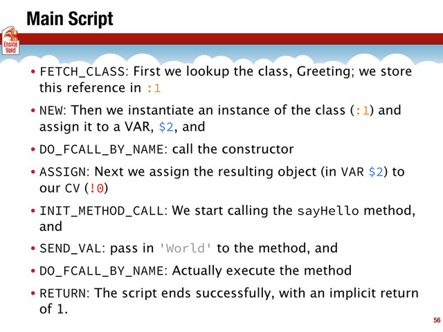 Main Script
• FETCH_CLASS: First we lookup the class, Greeting; we store
this reference in :1
• NEW: Then we instantiate an instance of the class (:1) and
assign it to a VAR, $2, and
• DO_FCALL_BY_NAME: call the constructor
• ASSIGN: Next we assign the resulting object (in VAR $2) to
our CV (!0)
• INIT_METHOD_CALL: We start calling the sayHello method,
and
• SEND_VAL: pass in 'World' to the method, and
• DO_FCALL_BY_NAME: Actually execute the method
• RETURN: The script ends successfully, with an implicit return
of 1.
56

