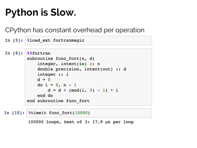 Python is Slow.
CPython has constant overhead per operation
