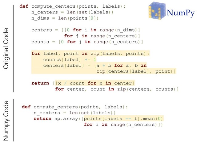 def compute_centers(points, labels):
n_centers = len(set(labels))
n_dims = len(points[0])
centers = [[0 for i in range(n_dims)]
for j in range(n_centers)]
counts = [0 for j in range(n_centers)]
for label, point in zip(labels, points):
counts[label] += 1
centers[label] = [a + b for a, b in
zip(centers[label], point)]
return [[x / count for x in center]
for center, count in zip(centers, counts)]
Original Code
Numpy Code
def compute_centers(points, labels):
n_centers = len(set(labels))
return np.array([points[labels == i].mean(0)
for i in range(n_centers)])
