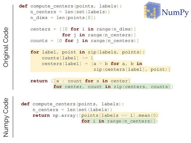 def compute_centers(points, labels):
n_centers = len(set(labels))
n_dims = len(points[0])
centers = [[0 for i in range(n_dims)]
for j in range(n_centers)]
counts = [0 for j in range(n_centers)]
for label, point in zip(labels, points):
counts[label] += 1
centers[label] = [a + b for a, b in
zip(centers[label], point)]
return [[x / count for x in center]
for center, count in zip(centers, counts)]
Original Code
Numpy Code
def compute_centers(points, labels):
n_centers = len(set(labels))
return np.array([points[labels == i].mean(0)
for i in range(n_centers)])
