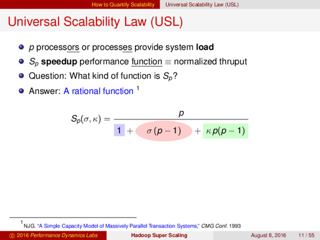 How to Quantify Scalability Universal Scalability Law (USL)
Universal Scalability Law (USL)
p processors or processes provide system load
Sp
speedup performance function ≡ normalized thruput
Question: What kind of function is Sp
?
Answer: A rational function 1
Sp(σ, κ) =
p
1 + σ (p − 1) + κ p(p − 1)
1
NJG. “A Simple Capacity Model of Massively Parallel Transaction Systems,” CMG Conf. 1993
c 2016 Performance Dynamics Labs Hadoop Super Scaling August 8, 2016 11 / 55
