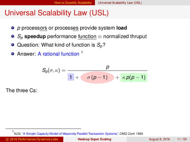 How to Quantify Scalability Universal Scalability Law (USL)
Universal Scalability Law (USL)
p processors or processes provide system load
Sp
speedup performance function ≡ normalized thruput
Question: What kind of function is Sp
?
Answer: A rational function 1
Sp(σ, κ) =
p
1 + σ (p − 1) + κ p(p − 1)
The three Cs:
1
NJG. “A Simple Capacity Model of Massively Parallel Transaction Systems,” CMG Conf. 1993
c 2016 Performance Dynamics Labs Hadoop Super Scaling August 8, 2016 11 / 55
