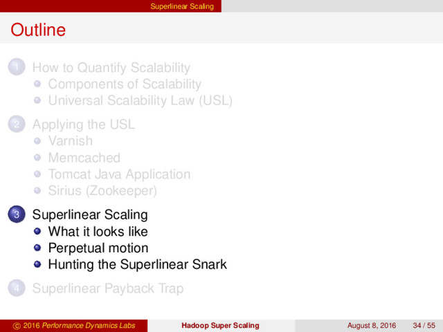 Superlinear Scaling
Outline
1 How to Quantify Scalability
Components of Scalability
Universal Scalability Law (USL)
2 Applying the USL
Varnish
Memcached
Tomcat Java Application
Sirius (Zookeeper)
3 Superlinear Scaling
What it looks like
Perpetual motion
Hunting the Superlinear Snark
4 Superlinear Payback Trap
c 2016 Performance Dynamics Labs Hadoop Super Scaling August 8, 2016 34 / 55
