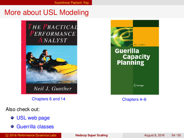 Superlinear Payback Trap
More about USL Modeling
Chapters 6 and 14 Chapters 4–6
Also check out:
USL web page
Guerrilla classes
c 2016 Performance Dynamics Labs Hadoop Super Scaling August 8, 2016 54 / 55
