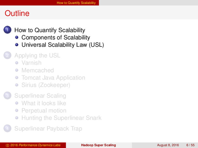 How to Quantify Scalability
Outline
1 How to Quantify Scalability
Components of Scalability
Universal Scalability Law (USL)
2 Applying the USL
Varnish
Memcached
Tomcat Java Application
Sirius (Zookeeper)
3 Superlinear Scaling
What it looks like
Perpetual motion
Hunting the Superlinear Snark
4 Superlinear Payback Trap
c 2016 Performance Dynamics Labs Hadoop Super Scaling August 8, 2016 6 / 55
