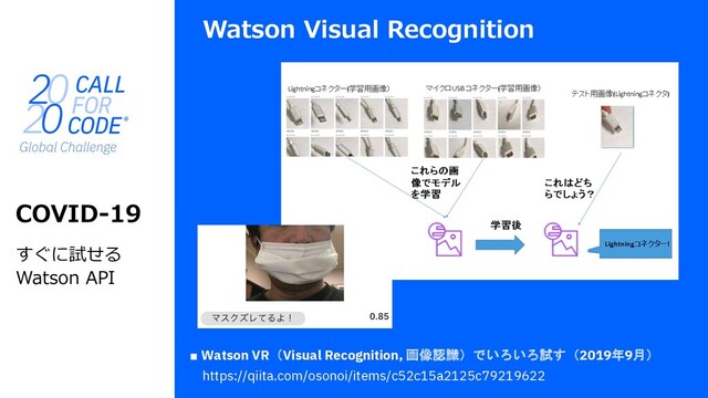 Watson Visual Recognition
COVID-19
すぐに試せる
Watson API
■ Watson VR（Visual Recognition, 画像認識）でいろいろ試す（2019年9月）
https://qiita.com/osonoi/items/c52c15a2125c79219622
