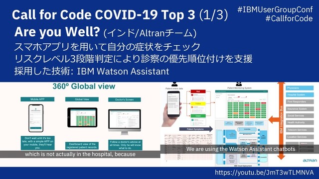 Call for Code COVID-19 Top 3 (1/3)
Are you Well? (インド/Altranチーム)
スマホアプリを⽤いて⾃分の症状をチェック
リスクレベル3段階判定により診察の優先順位付けを⽀援
採⽤した技術: IBM Watson Assistant
https://youtu.be/JmT3wTLMNVA
#IBMUserGroupConf
#CallforCode
