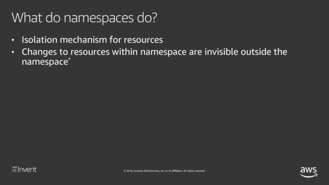 © 2018, Amazon Web Services, Inc. or its affiliates. All rights reserved.
What do namespaces do?
• Isolation mechanism for resources
• Changes to resources within namespace are invisible outside the
namespace*
