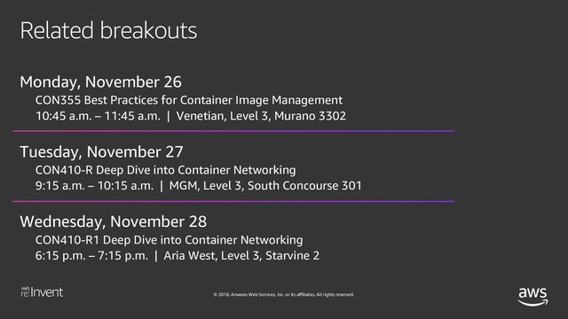 © 2018, Amazon Web Services, Inc. or its affiliates. All rights reserved.
Related breakouts
Monday, November 26
CON355 Best Practices for Container Image Management
10:45 a.m. – 11:45 a.m. | Venetian, Level 3, Murano 3302
Tuesday, November 27
CON410-R Deep Dive into Container Networking
9:15 a.m. – 10:15 a.m. | MGM, Level 3, South Concourse 301
Wednesday, November 28
CON410-R1 Deep Dive into Container Networking
6:15 p.m. – 7:15 p.m. | Aria West, Level 3, Starvine 2
