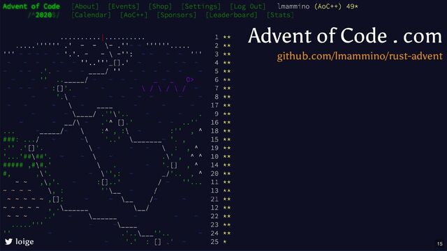 Advent of Code . com
loige
github.com/lmammino/rust-advent
15
