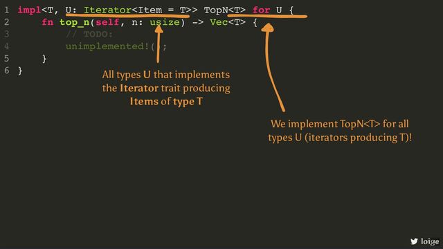 impl> TopN for U {
fn top_n(self, n: usize) -> Vec {
}
}
1
2
// TODO:
3
unimplemented!();
4
5
6
loige
All types U that implements
the Iterator trait producing
Items of type T
We implement TopN for all
types U (iterators producing T)!
49
