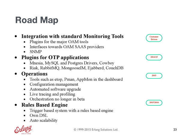 © 1999-2015 Erlang Solutions Ltd.
Road Map
• Integration with standard Monitoring Tools
• Plugins for the major OAM tools
• Interfaces towards OAM SAAS providers
• SNMP
• Plugins for OTP applications
• Mnesia, MySQL and Postgres Drivers, Cowboy
• Riak, RabbitMQ, MongooseIM, Ejabberd, CouchDB
• Operations
• Tools such as etop, Pman, AppMon in the dashboard
• Configuration management
• Automated software upgrade
• Live tracing and profiling
• Orchestration no longer in beta
• Rules Based Engine
• Trigger based system with a rules based engine
• Own DSL
• Auto scalability
23
Customer
Driven
2015/2016
2014/15
2015
