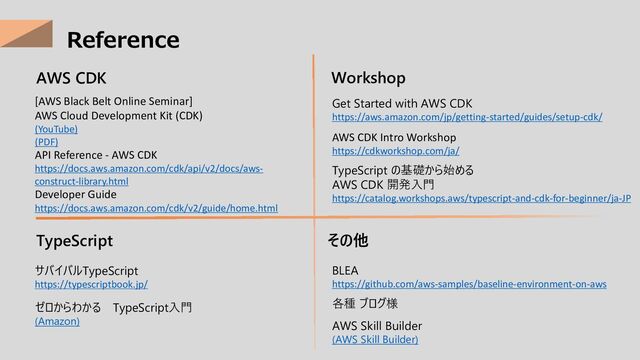 Reference
AWS CDK Workshop
Get Started with AWS CDK
https://aws.amazon.com/jp/getting-started/guides/setup-cdk/
AWS CDK Intro Workshop
https://cdkworkshop.com/ja/
TypeScript の基礎から始める
AWS CDK 開発入門
https://catalog.workshops.aws/typescript-and-cdk-for-beginner/ja-JP
[AWS Black Belt Online Seminar]
AWS Cloud Development Kit (CDK)
(YouTube)
(PDF)
API Reference - AWS CDK
https://docs.aws.amazon.com/cdk/api/v2/docs/aws-
construct-library.html
Developer Guide
https://docs.aws.amazon.com/cdk/v2/guide/home.html
TypeScript
サバイバルTypeScript
https://typescriptbook.jp/
ゼロからわかる TypeScript入門
(Amazon)
その他
BLEA
https://github.com/aws-samples/baseline-environment-on-aws
各種 ブログ様
AWS Skill Builder
(AWS Skill Builder)
