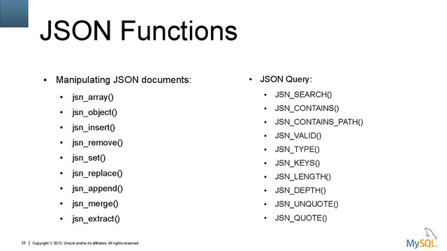 Copyright © 2015, Oracle and/or its affiliates. All rights reserved.
25
JSON Functions
●
Manipulating JSON documents:
●
jsn_array()
●
jsn_object()
●
jsn_insert()
●
jsn_remove()
●
jsn_set()
●
jsn_replace()
●
jsn_append()
●
jsn_merge()
●
jsn_extract()
●
JSON Query:
●
JSN_SEARCH()
●
JSN_CONTAINS()
●
JSN_CONTAINS_PATH()
●
JSN_VALID()
●
JSN_TYPE()
●
JSN_KEYS()
●
JSN_LENGTH()
●
JSN_DEPTH()
●
JSN_UNQUOTE()
●
JSN_QUOTE()
