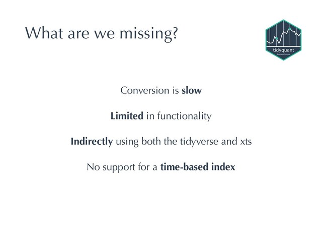 What are we missing?
Conversion is slow
Limited in functionality
Indirectly using both the tidyverse and xts
No support for a time-based index

