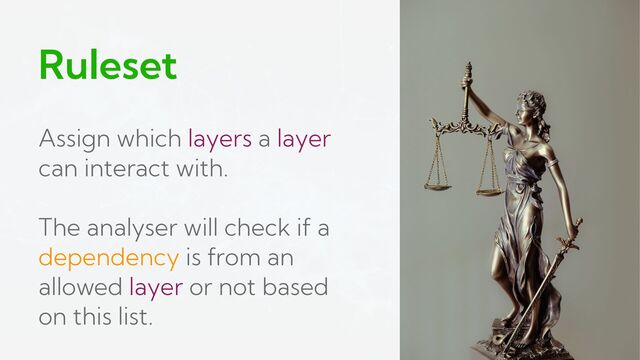 Ruleset
Assign which layers a layer
can interact with.
The analyser will check if a
dependency is from an
allowed layer or not based
on this list.
