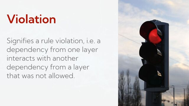 Violation
Signifies a rule violation, i.e. a
dependency from one layer
interacts with another
dependency from a layer
that was not allowed.
