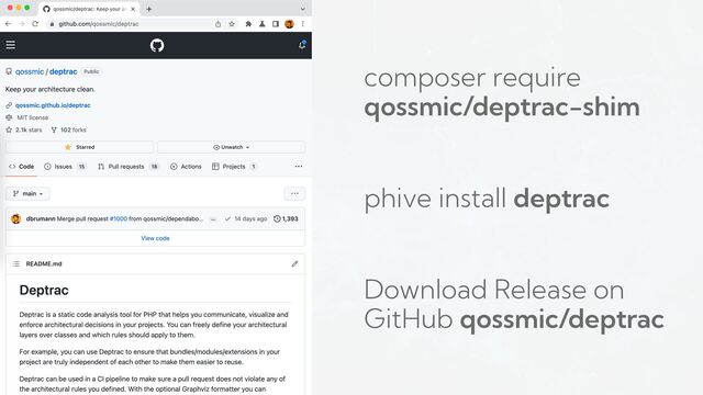 composer require
qossmic/deptrac-shim
phive install deptrac
Download Release on
GitHub qossmic/deptrac
