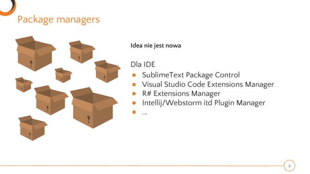 Package managers
8
Idea nie jest nowa
Dla IDE
● SublimeText Package Control
● Visual Studio Code Extensions Manager
● R# Extensions Manager
● Intellij/Webstorm itd Plugin Manager
● ...
