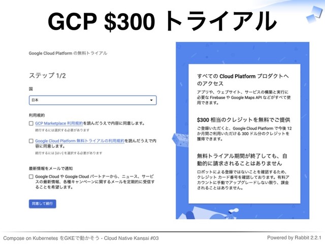 Compose on Kubernetes をGKEで動かそう - Cloud Native Kansai #03 Powered by Rabbit 2.2.1
GCP $300 トライアル
