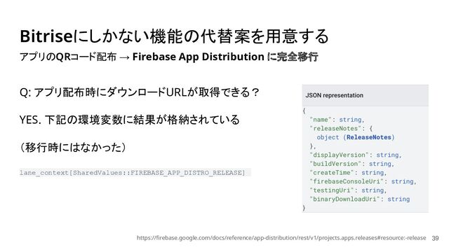 Bitriseにしかない機能の代替案を用意する
39
アプリのQRコード配布 → Firebase App Distribution に完全移行
Q: アプリ配布時にダウンロードURLが取得できる？
YES. 下記の環境変数に結果が格納されている
（移行時にはなかった）
lane_context[SharedValues::FIREBASE_APP_DISTRO_RELEASE]
https://firebase.google.com/docs/reference/app-distribution/rest/v1/projects.apps.releases#resource:-release
