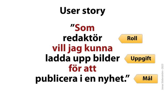 Jonas Söderström • 2023
User story
”Som
redaktör
vill jag kunna
ladda upp bilder
för att
publicera i en nyhet.”
Roll
Uppgift
Mål
