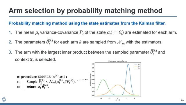 Arm selection by probability matching method
26
Probability matching method using the state estimates from the Kalman filter.


1. The mean variance-covariance of the state are estimated for each arm.


2. The parameters for each arm are sampled from with the estimators.


3. The arm with the largest inner product between the sampled parameter and
context is selected.
μt
Pt
αt
( = θt
)
˜
θ(k)
t
k
𝒩
m
˜
θ(k)
t
xt
