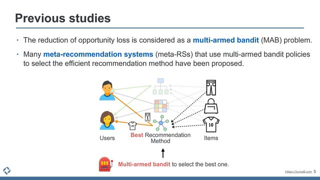 5
Previous studies
• The reduction of opportunity loss is considered as a multi-armed bandit (MAB) problem.


• Many meta-recommendation systems (meta-RSs) that use multi-armed bandit policies
to select the efficient recommendation method have been proposed.
Users
Best Recommendation


Method
Items
Multi-armed bandit to select the best one.
IUUQTJDPOTDPN
