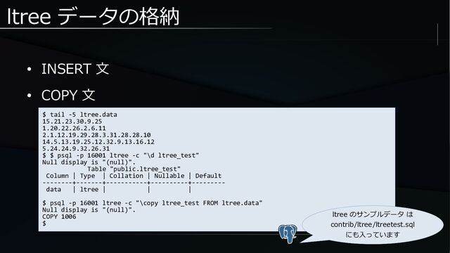 ltree データの格納
● INSERT 文
● COPY 文
$ tail -5 ltree.data
15.21.23.30.9.25
1.20.22.26.2.6.11
2.1.12.19.29.28.3.31.28.28.10
14.5.13.19.25.12.32.9.13.16.12
5.24.24.9.32.26.31
$ $ psql -p 16001 ltree -c "\d ltree_test"
Null display is "(null)".
Table "public.ltree_test"
Column | Type | Collation | Nullable | Default
--------+-------+-----------+----------+---------
data | ltree | | |
$ psql -p 16001 ltree -c "\copy ltree_test FROM ltree.data"
Null display is "(null)".
COPY 1006
$
ltree のサンプルデータ は
contrib/ltree/ltreetest.sql
にも入っています
