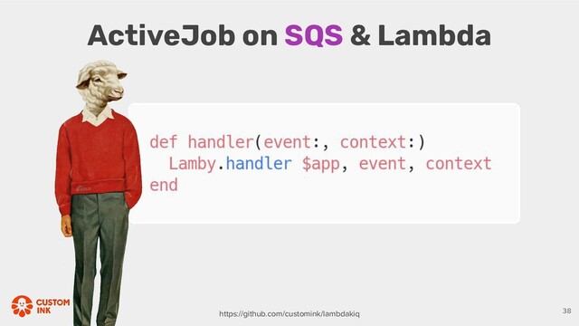 ActiveJob on SQS & Lambda
38
https://github.com/customink/lambdakiq
