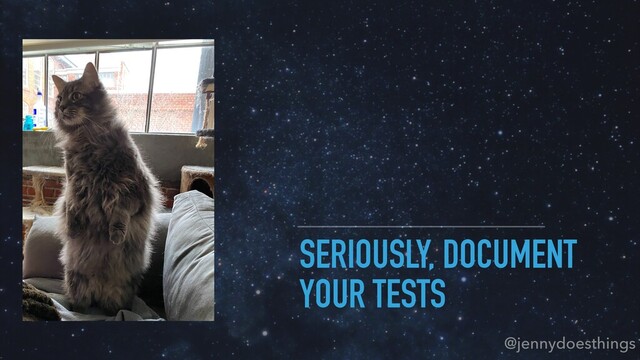 SERIOUSLY, DOCUMENT
YOUR TESTS
@jennydoesthings
