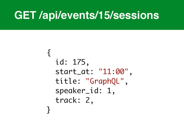 GET /api/events/15/sessions
{
id: 175,
start_at: "11:00",
title: "GraphQL",
speaker_id: 1,
track: 2,
}
