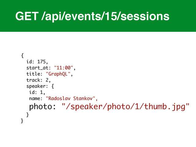 GET /api/events/15/sessions
{
id: 175,
start_at: "11:00",
title: "GraphQL",
track: 2,
speaker: {
id: 1,
name: "Radoslav Stankov", 
photo: "/speaker/photo/1/thumb.jpg"
}
}
