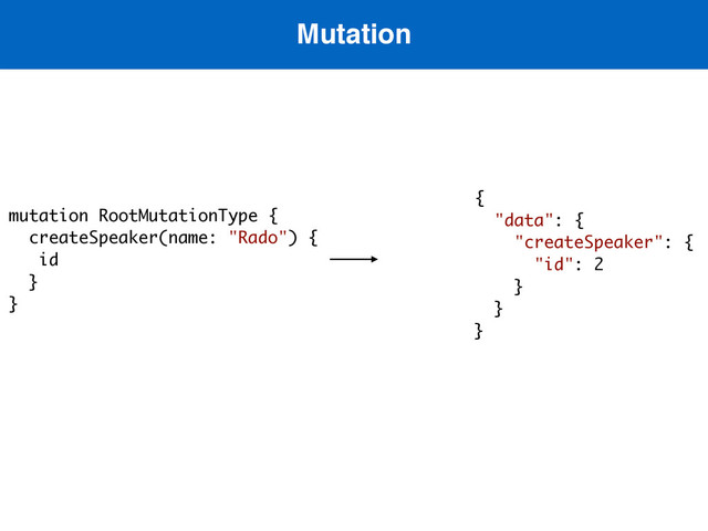 Mutation
 
mutation RootMutationType {
createSpeaker(name: "Rado") {
id
}
}
{
"data": {
"createSpeaker": {
"id": 2
}
}
}

