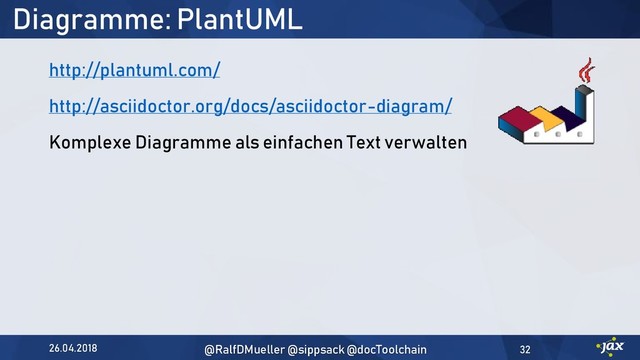 Diagramme: PlantUML
http://plantuml.com/
http://asciidoctor.org/docs/asciidoctor-diagram/
Komplexe Diagramme als einfachen Text verwalten
26.04.2018 @RalfDMueller @sippsack @docToolchain 32
