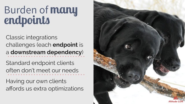 Burden of many
endpoints
Classic integrations
challenges (each endpoint is
a downstream dependency)
Standard endpoint clients
often don’t meet our needs
Having our own clients
aﬀords us extra optimizations
