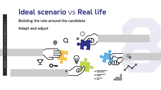 8
Ideal scenario vs Real life
Building the role around the candidate
Adapt and adjust
N e e d l e i n a h a y s t a c k { a D e v O p s s t o r y }

