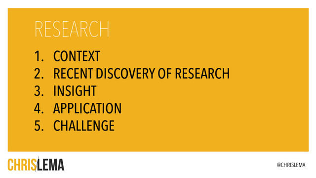 1. CONTEXT
2. RECENT DISCOVERY OF RESEARCH
3. INSIGHT
4. APPLICATION
5. CHALLENGE
RESEARCH
@CHRISLEMA
