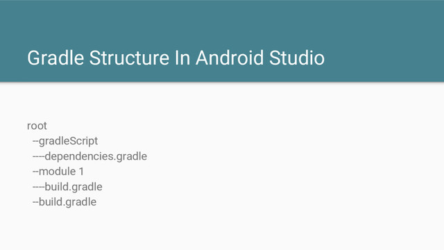 Gradle Structure In Android Studio
root
--gradleScript
----dependencies.gradle
--module 1
----build.gradle
--build.gradle
