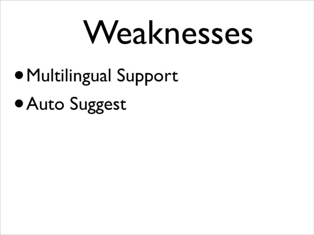 Weaknesses	

•Multilingual Support
•Auto Suggest
