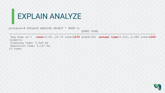 EXPLAIN ANALYZE
postgres=# EXPLAIN ANALYZE SELECT * FROM t;
QUERY PLAN
-----------------------------------------------------------------------------------------
Seq Scan on t (cost=0.00..22.70 rows=1270 width=36) (actual time=0.010..0.080 rows=1000
loops=1)
Planning time: 0.040 ms
Execution time: 0.127 ms
(3 rows)
