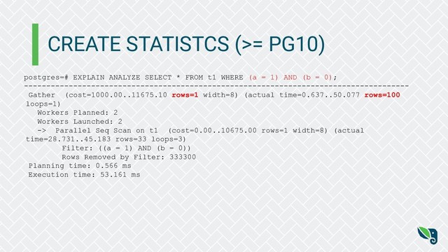 CREATE STATISTCS (>= PG10)
postgres=# EXPLAIN ANALYZE SELECT * FROM t1 WHERE (a = 1) AND (b = 0);
--------------------------------------------------------------------------------------
Gather (cost=1000.00..11675.10 rows=1 width=8) (actual time=0.637..50.077 rows=100
loops=1)
Workers Planned: 2
Workers Launched: 2
-> Parallel Seq Scan on t1 (cost=0.00..10675.00 rows=1 width=8) (actual
time=28.731..45.183 rows=33 loops=3)
Filter: ((a = 1) AND (b = 0))
Rows Removed by Filter: 333300
Planning time: 0.566 ms
Execution time: 53.161 ms
