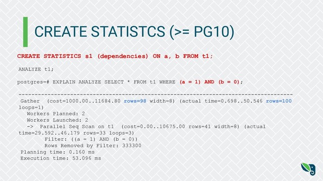 CREATE STATISTCS (>= PG10)
CREATE STATISTICS s1 (dependencies) ON a, b FROM t1;
ANALYZE t1;
postgres=# EXPLAIN ANALYZE SELECT * FROM t1 WHERE (a = 1) AND (b = 0);
-------------------------------------------------------------------------------------
Gather (cost=1000.00..11684.80 rows=98 width=8) (actual time=0.698..50.546 rows=100
loops=1)
Workers Planned: 2
Workers Launched: 2
-> Parallel Seq Scan on t1 (cost=0.00..10675.00 rows=41 width=8) (actual
time=29.592..46.179 rows=33 loops=3)
Filter: ((a = 1) AND (b = 0))
Rows Removed by Filter: 333300
Planning time: 0.160 ms
Execution time: 53.096 ms
